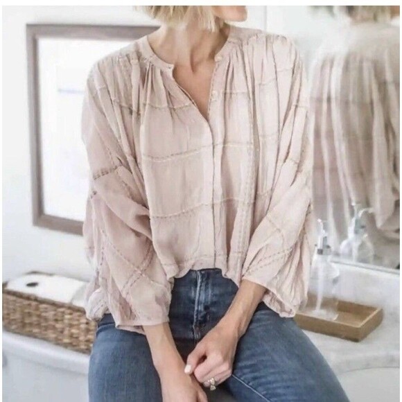 Anthropologie Sarabeth Embroidered Peasant Button Blouse XL Pink Oversized  Boho - Picture 1 of 15